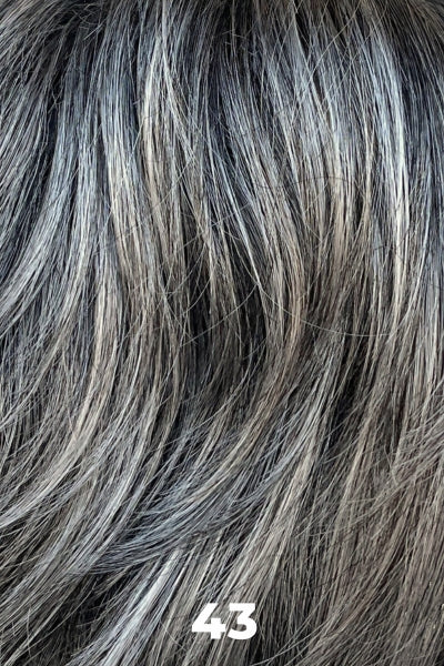 Color Swatch 43 for Henry Margu Wig Trish (#4513). Grey and dark brown mix gradually darkening to a deep medium brown and gray blend near the nape.