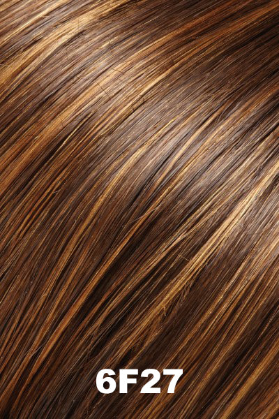 Jon Renau - Synthetic Colors - 6F27 (Caramel Ribbon). Medium Dark Brown w/ Light Red Golden Blond highlights and tips.