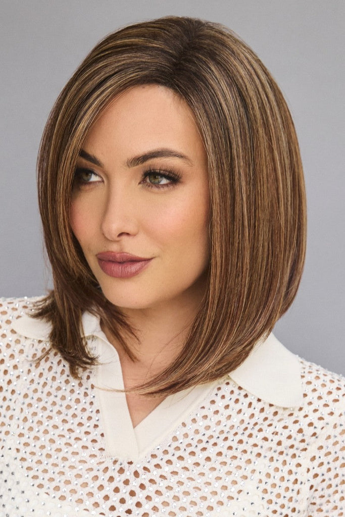 Women wearing a long bob wig with subtle face framing layers.