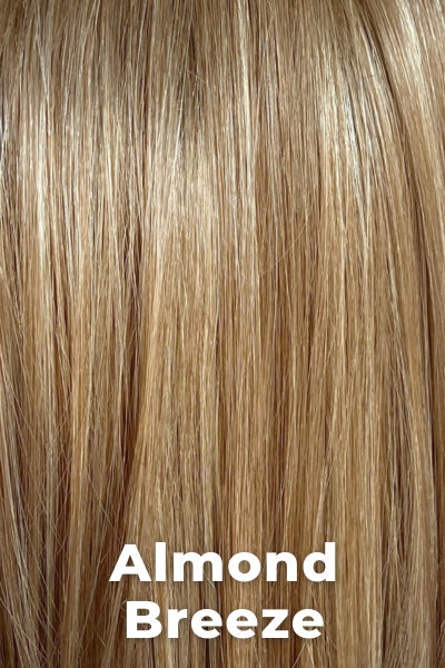 Color Swatch Almond Breeze  for Envy wig Olivia Human Hair Blend.  Dark warm honey blonde with subtle creamy blonde and pale blonde highlights.