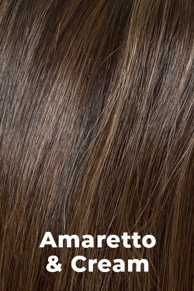 Color Swatch Amaretto & Cream for Envy wig Roxie.  Medium brown base with dark brown roots and subtle blonde highlights with a gold and red undertone.