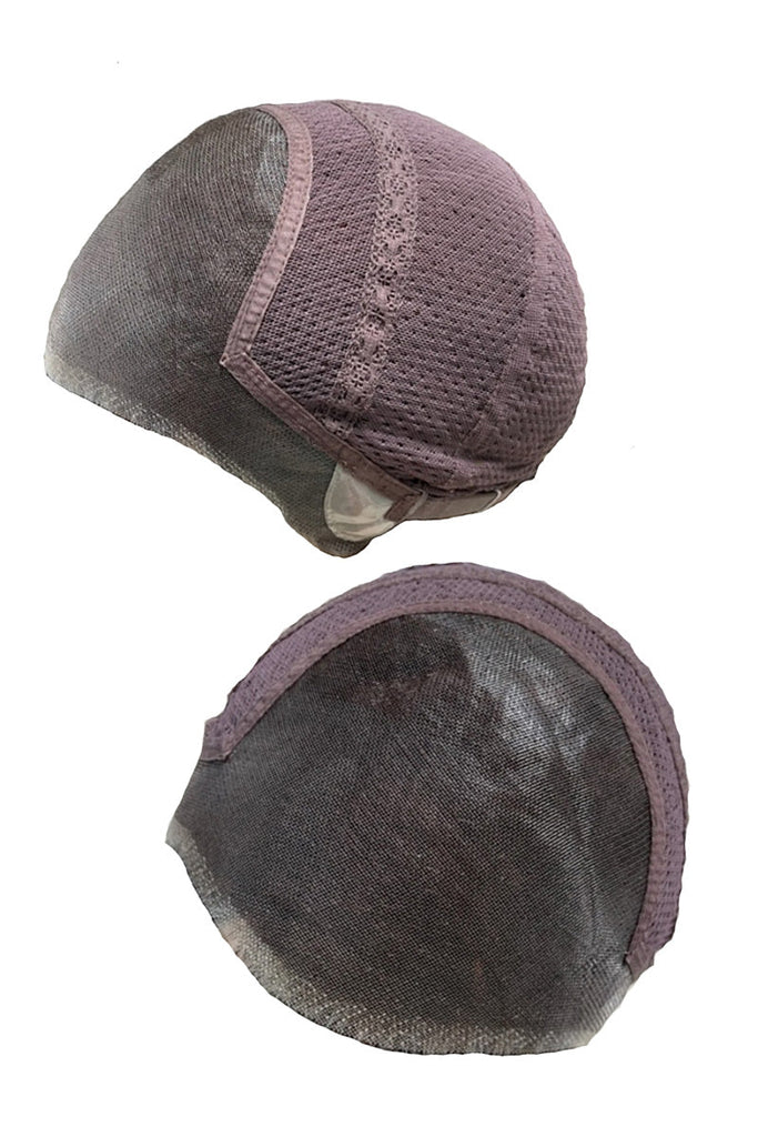 Close up of Spade's cap construction, showing the extended lace front and monofilament top.