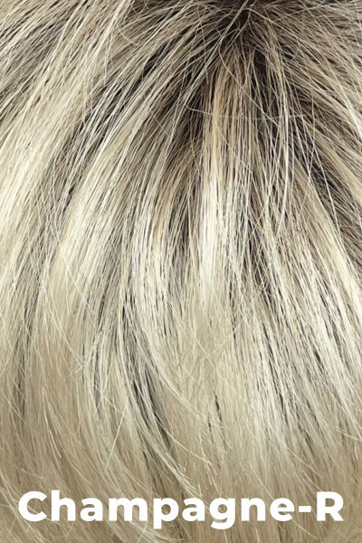 Color Champagne-R for Noriko wig Angelica Partial Mono #1696. Creamy blonde base with a golden blonde hue and a warm medium blonde rooting.