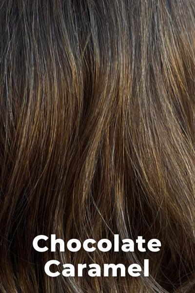 Color Swatch Chocolate Caramel for Envy wig Harper. Rich chocolate brown with warm golden chestnut brown highlights.