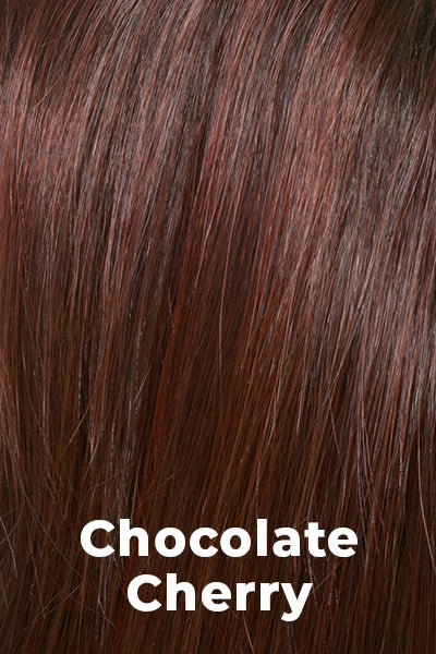 Color Swatch Chocolate Cherry for Envy wig Roxie.  Medium brown base with subtle red undertones and deep copper and golden brown highlights.