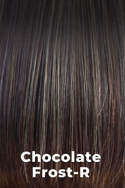 Color Chocolate Frost-R for Noriko wig Alva #1715. Warm toned soft medium brown base with cool toned light blonde and warm toned dark blonde highlights and a neutral dark brown root.