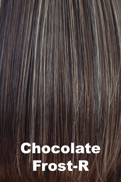 Color Chocolate Frost-R for Noriko wig Beau (#1727). Warm toned soft medium brown base with cool toned light blonde and warm toned dark blonde highlights and a neutral dark brown root.