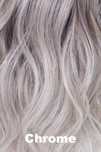 Belle Tress - Synthetic Colors - Chrome. Cappuccino brown root with a gradual mixture of 30% gray, 10% gray, and white at the tip. (Rooted Color).
