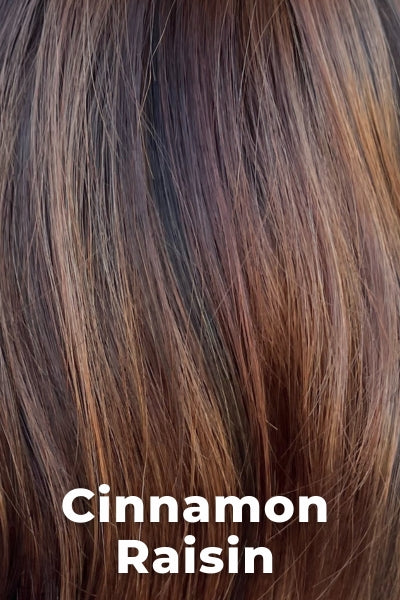 Color Swatch Cinnamon Raisin for Envy wig Veronica Human Hair Blend.  A blend of medium chestnut brown with subtle golden auburn highlights.