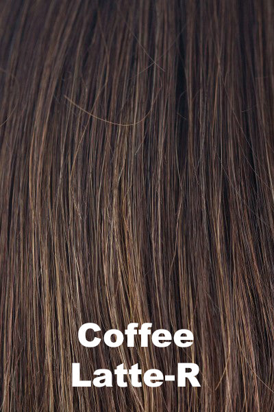 Color Coffee Latte-R for Noriko wig Beau (#1727). Rich medium brown base with warm medium brown and medium golden blonde highlights and a deep dark brown root.