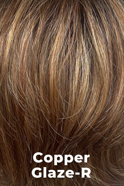 Color Copper Glaze-R for Amore wig Bay (#2585). Medium copper brown base with honey golden blonde and red copper highlights and a dark to medium amber brown.