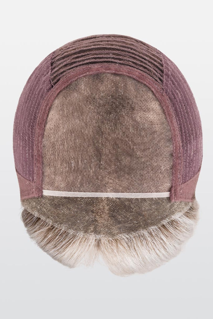 Front view of cap construction showing the extended lace front, monofilament top and closed wefted sides and back.