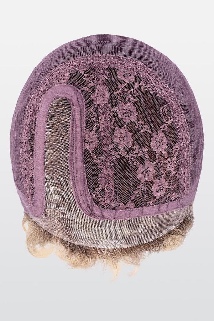 Front of Scala's cap construction, showing the monofilament part and extended lace front.