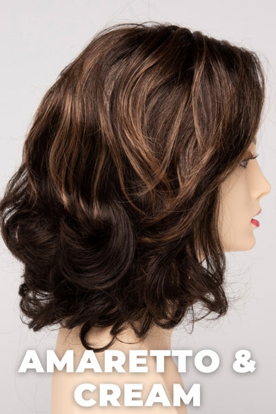 Color Swatch Amaretto & Cream for Envy wig Jade.  Medium brown base with dark brown roots and subtle blonde highlights with a gold and red undertone.