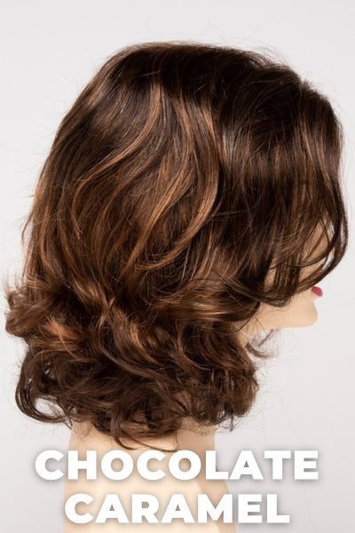 Color Swatch Chocolate Caramel for Envy wig Jade. Rich chocolate brown with warm golden chestnut brown highlights.