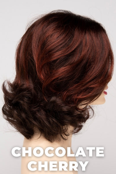 Color Swatch Chocolate Cherry for Envy wig Jade.  Medium brown base with subtle red undertones and deep copper and golden brown highlights.
