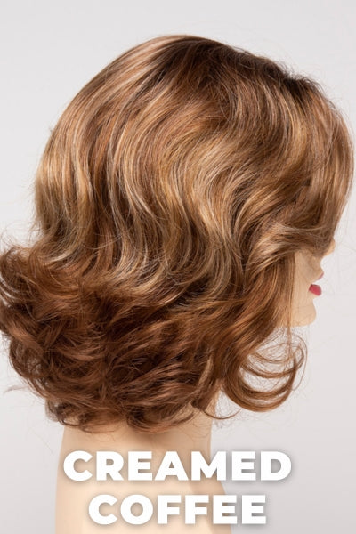 Color Swatch Creamed Coffee for Envy wig Jade.  Rich brown base with a warm Mahogony and copper brown with strawberry blonde dimensions.