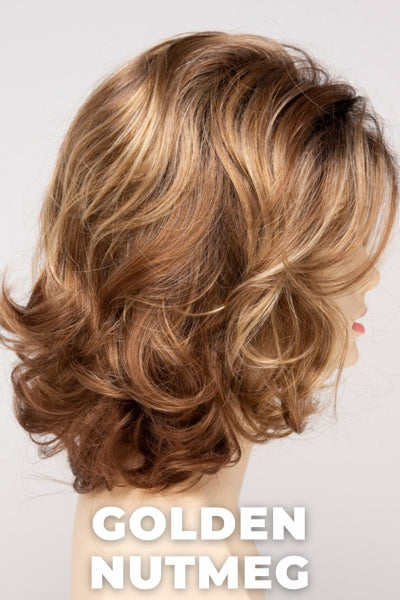 Color Swatch Golden Nutmeg for Envy wig Jade.  Medium brown base with a red hue, golden blonde highlights and a rich chocolate brown root.