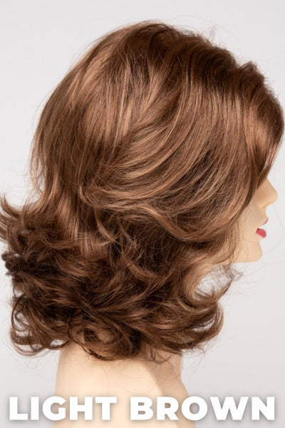 Color Swatch Light Brown for Envy wig Jade. Light brown base with warm golden undertones and reddish brown highlights.