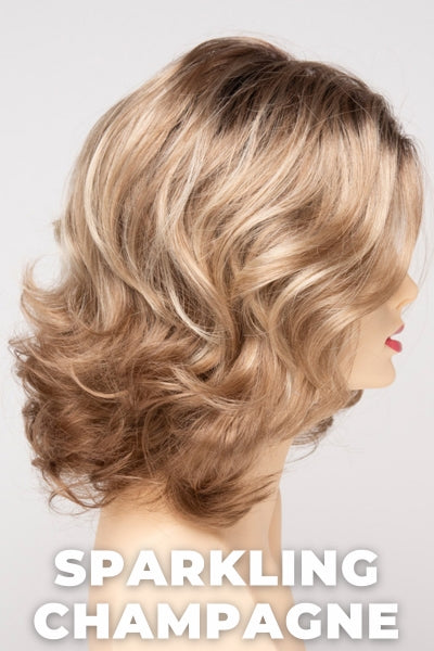Color Swatch Sparkling Champagne for Envy wig Jade.  Golden blonde base with champagne and pale blonde highlights and a chestnut brown rooting.