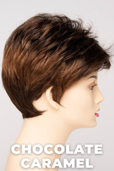 Color Swatch Chocolate Caramel for Envy wig Jamie. Rich chocolate brown with warm golden chestnut brown highlights.