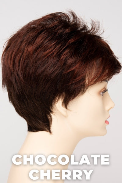 Color Swatch Chocolate Cherry for Envy wig Jamie.  Medium brown base with subtle red undertones and deep copper and golden brown highlights.