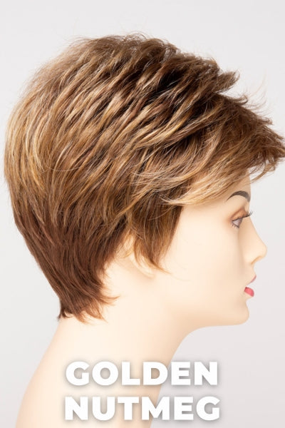 Color Swatch Golden Nutmeg for Envy wig Jamie.  Medium brown base with a red hue, golden blonde highlights and a rich chocolate brown root.
