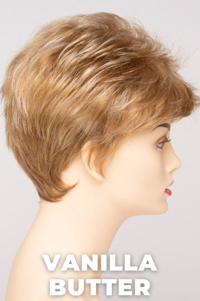 Color Swatch Vanilla Butter for Envy wig Jamie. Golden blonde base with pale blonde and honey blonde highlights.