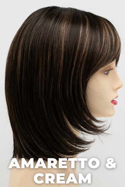 Color Swatch Amaretto & Cream for Envy wig Jasmine.  Medium brown base with dark brown roots and subtle blonde highlights with a gold and red undertone.