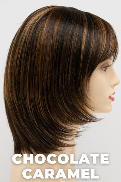 Color Swatch Chocolate Caramel for Envy wig Jasmine. Rich chocolate brown with warm golden chestnut brown highlights.