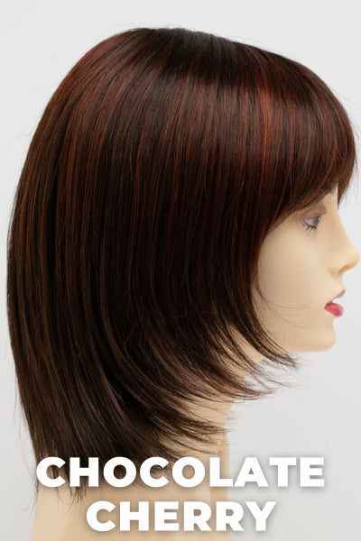 Color Swatch Chocolate Cherry for Envy wig Jasmine.  Medium brown base with subtle red undertones and deep copper and golden brown highlights.