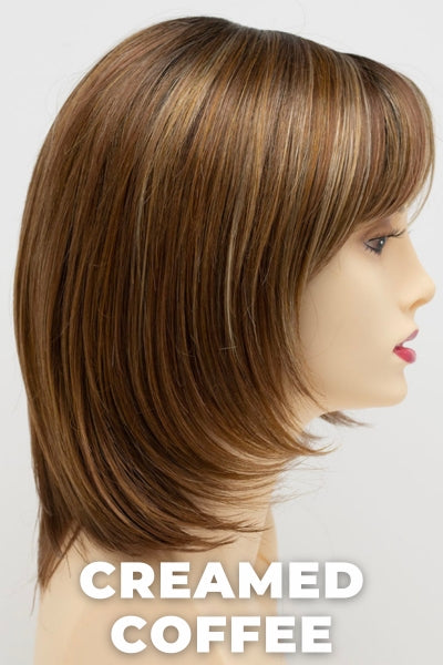 Color Swatch Creamed Coffee for Envy wig Jasmine.  Rich brown base with a warm Mahogony and copper brown with strawberry blonde dimensions.