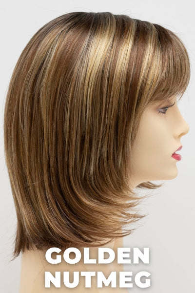 Color Swatch Golden Nutmeg for Envy wig Jasmine.  Medium brown base with a red hue, golden blonde highlights and a rich chocolate brown root.