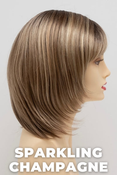 Color Swatch Sparkling Champagne for Envy wig Jasmine.  Golden blonde base with champagne and pale blonde highlights and a chestnut brown rooting.