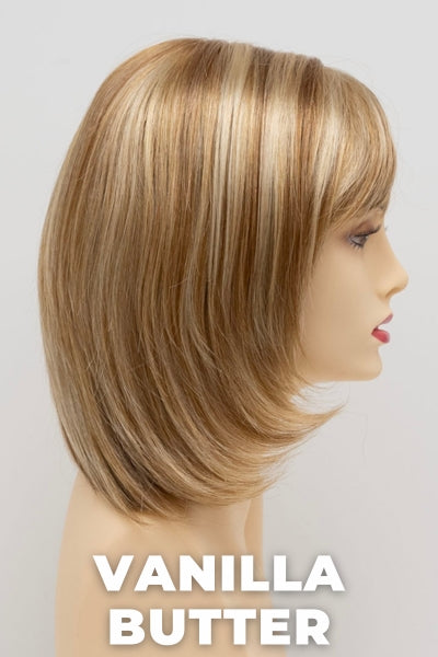 Color Swatch Vanilla Butter for Envy wig Jasmine. Golden blonde base with pale blonde and honey blonde highlights.