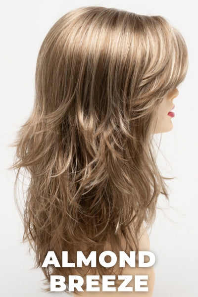 Color Swatch Almond Breeze for Envy wig Joy. Dark warm honey blonde with subtle creamy blonde and pale blonde highlights.