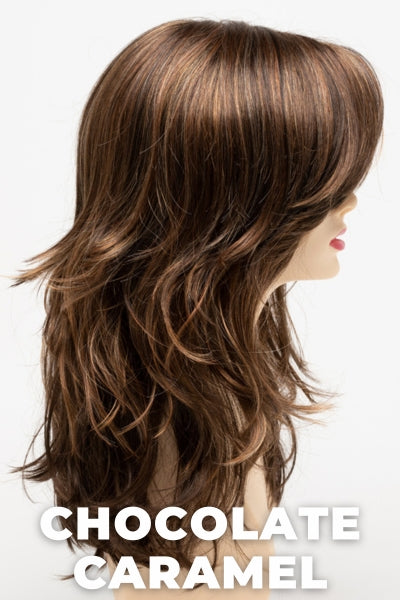 Color Swatch Chocolate Caramel for Envy wig Joy. Rich chocolate brown with warm golden chestnut brown highlights.
