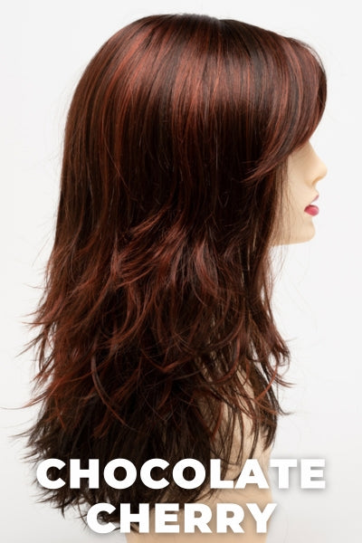 Color Swatch Chocolate Cherry for Envy wig Joy.  Medium brown base with subtle red undertones and deep copper and golden brown highlights.