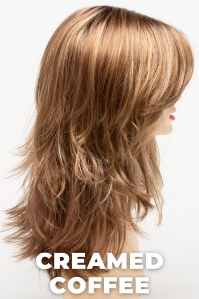 Color Swatch Creamed Coffee for Envy wig Joy.  Rich brown base with a warm Mahogony and copper brown with strawberry blonde dimensions.