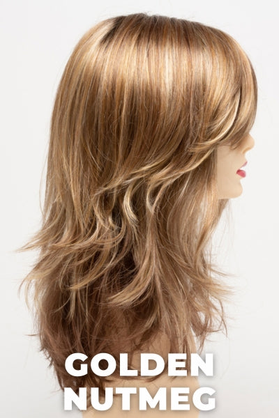 Color Swatch Golden Nutmeg for Envy wig Joy.  Medium brown base with a red hue, golden blonde highlights and a rich chocolate brown root.