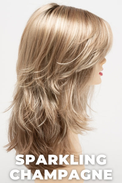 Color Swatch Sparkling Champagne for Envy wig Joy.  Golden blonde base with champagne and pale blonde highlights and a chestnut brown rooting.