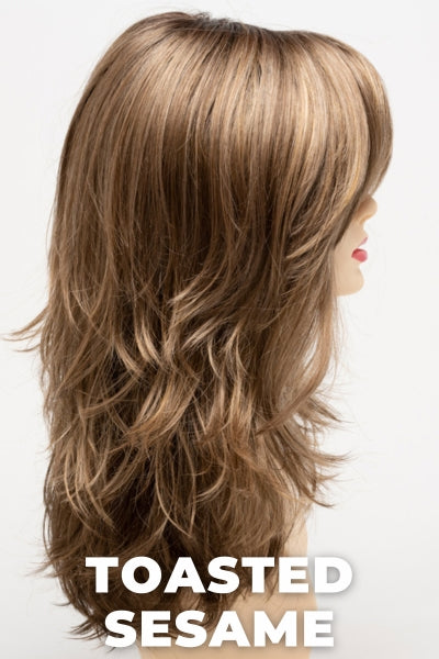 Color Swatch Toasted Sesame for Envy wig Joy.  Light brown base with wheat blonde and dark blonde highlights and a chestnut brown rooting.