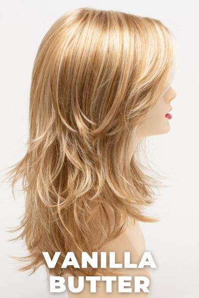 Color Swatch Vanilla Butter for Envy wig Joy. Golden blonde base with pale blonde and honey blonde highlights.