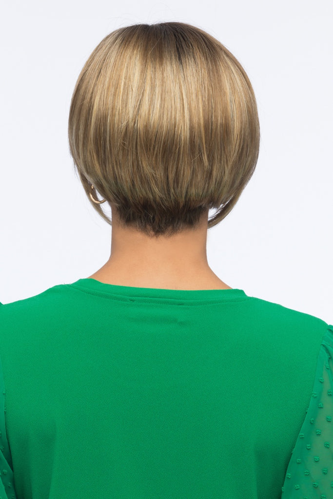 Back view of model showing a Light Golden Brown with Medium Butterscotch Blonde highlights and Dark Brown roots.