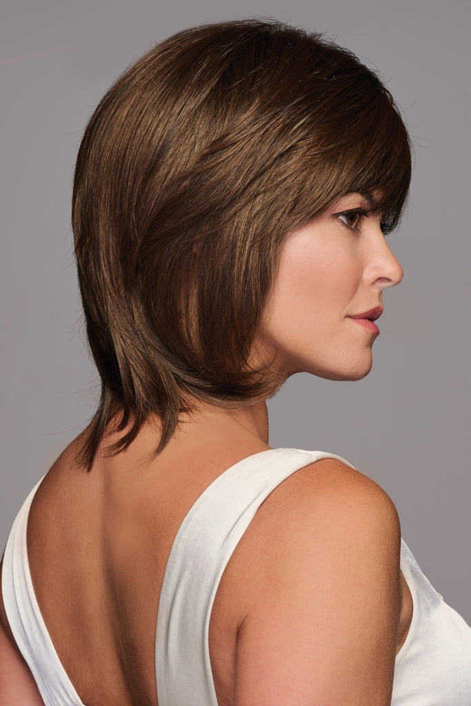 Side view of the medium length straight wig.