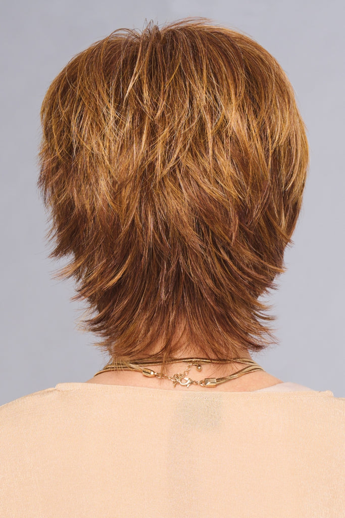 Back view of a model wearing the short layered shag.