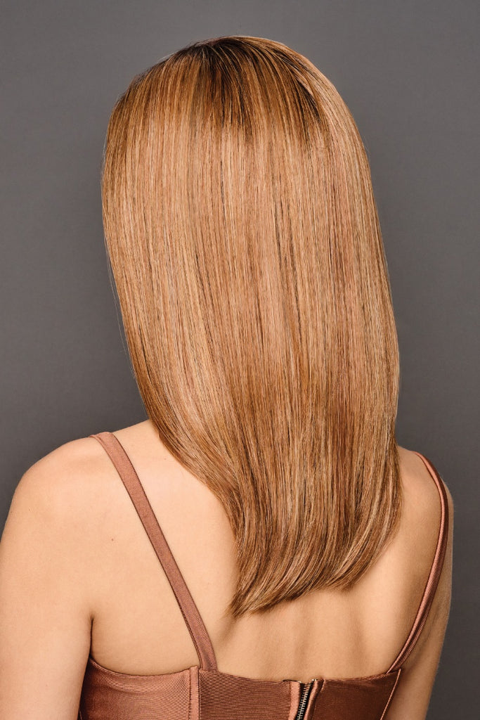 Back of a shaded ginger blonde and dark red-brown wig.