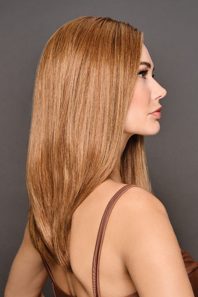 Side view of model wearing Front Cover by Gabor Wigs in the color SS Iced Pumpkin Spice.