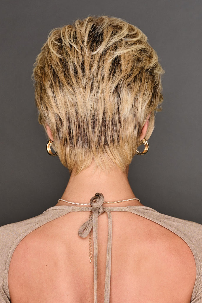 Back view of a pixie wig with bangs.