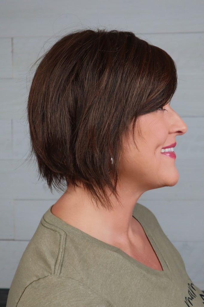 Side view of Denise modeling the color Medium Brown.